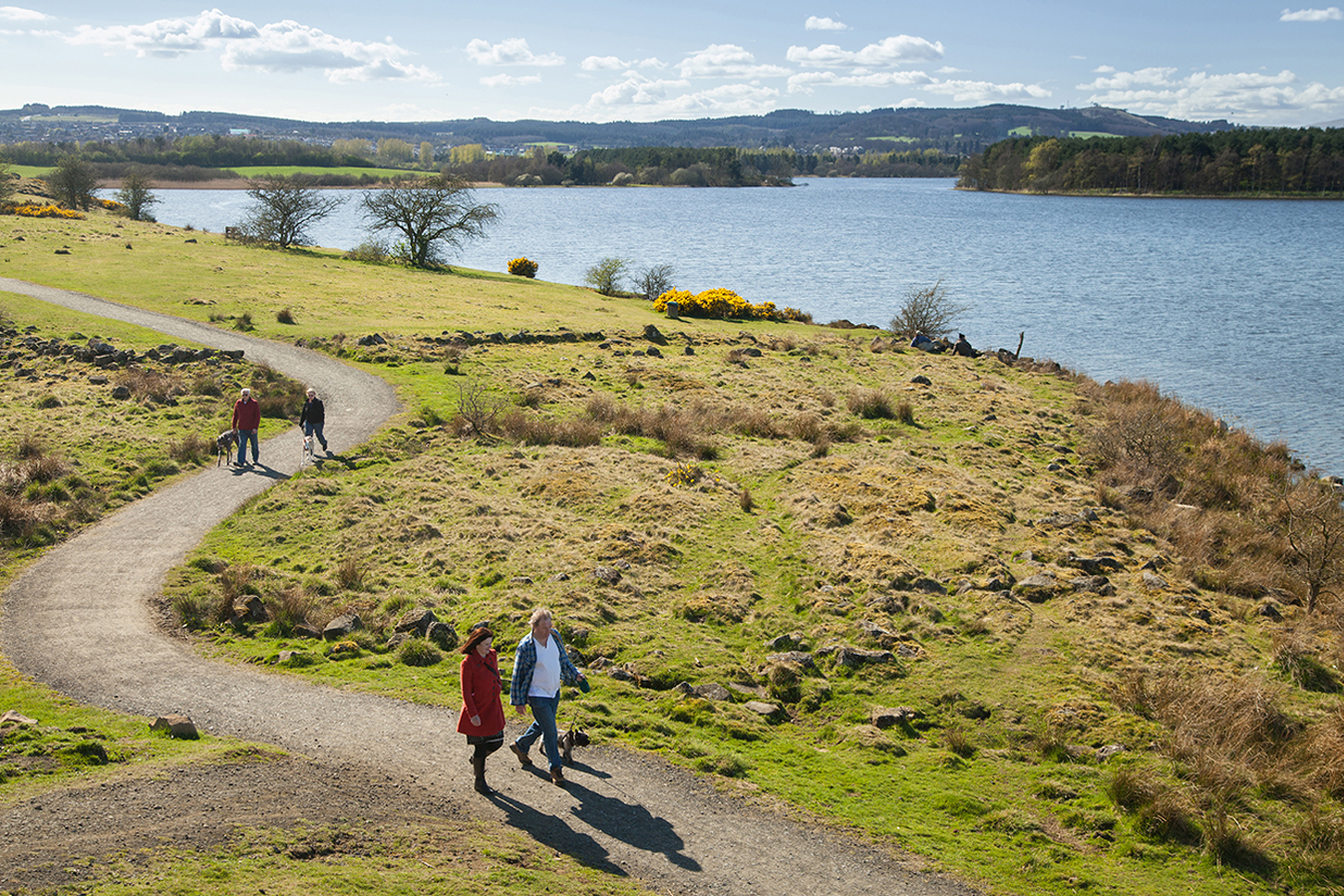people walking around the loch